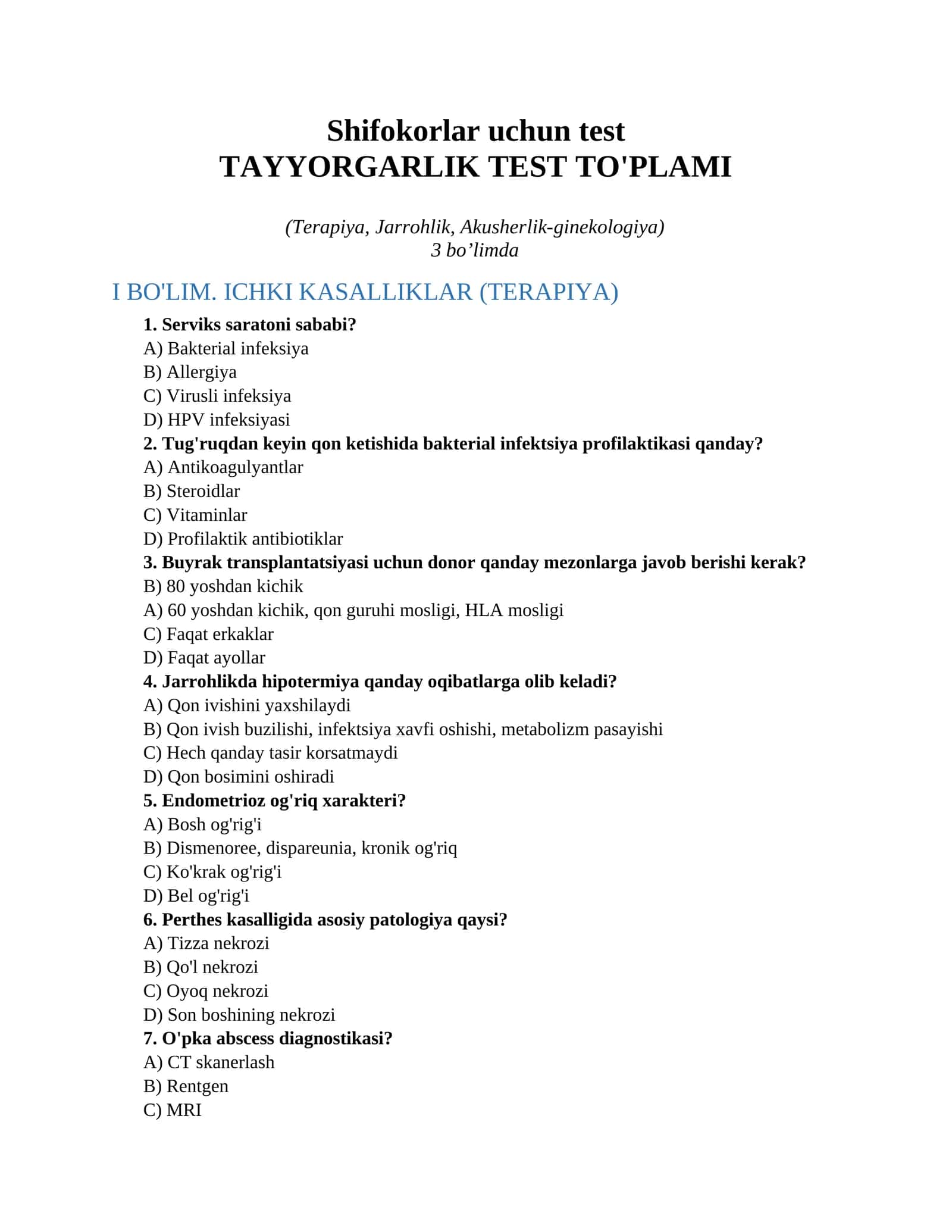 Shifokorlar uchun test 1