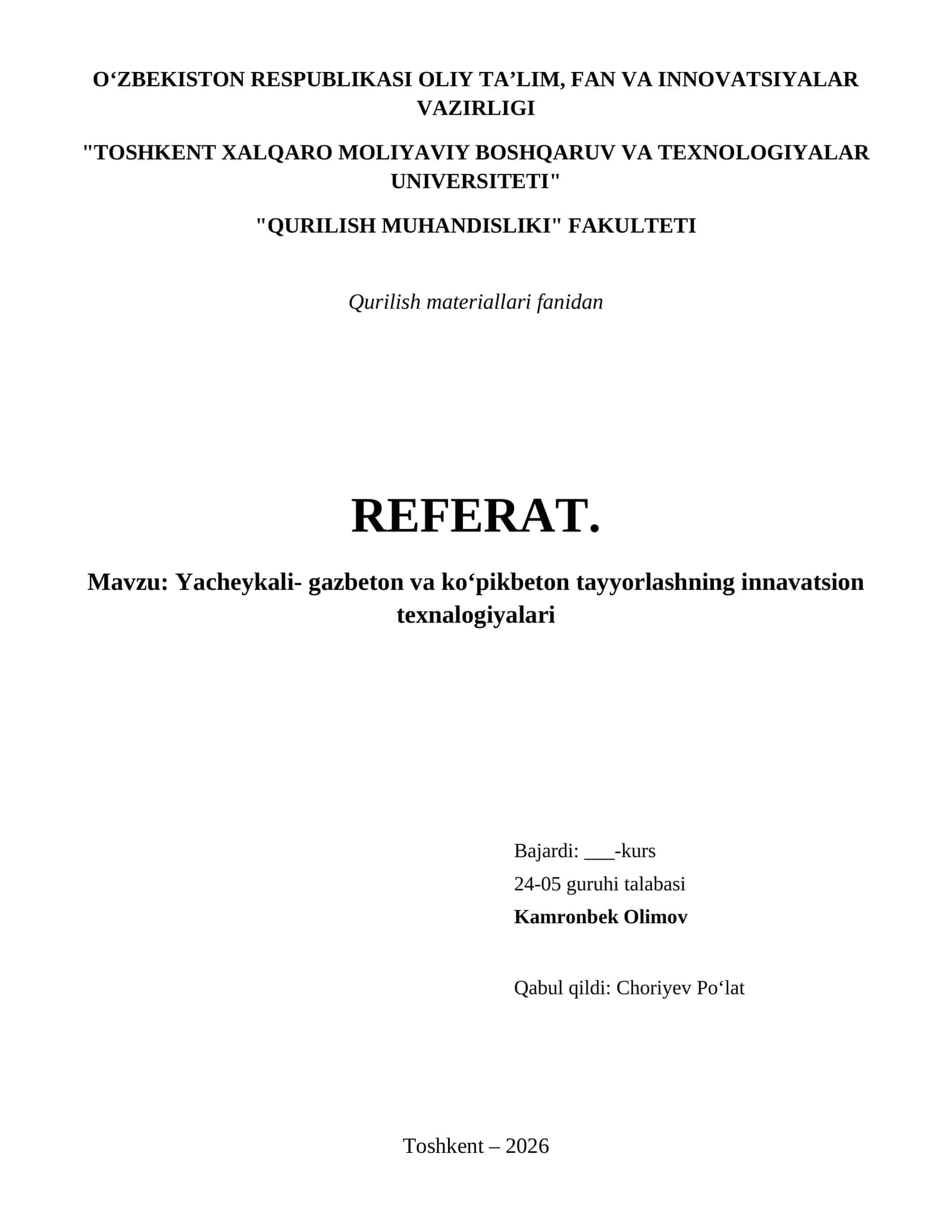Yacheykali- gazbeton va koʻpikbeton tayyorlashning innavatsion texnalogiyalari 1
