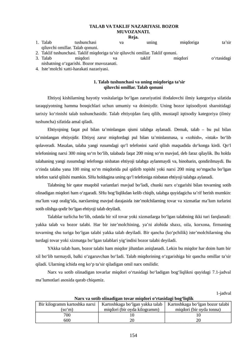TALAB VA TAKLIF NAZARIYASI. BOZOR  MUVOZANATI. 1