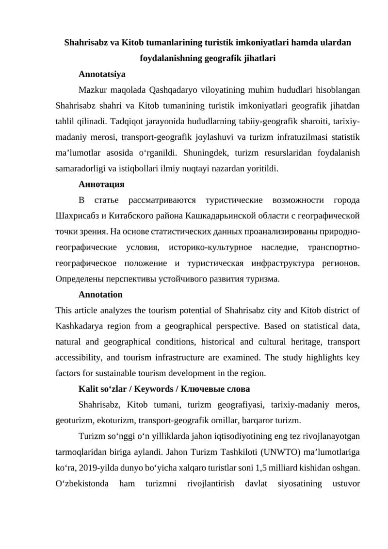 Shahrisabz va Kitob tumanlarining turistik imkoniyatlari hamda ulardan foydalanishning geografik jihatlari 1