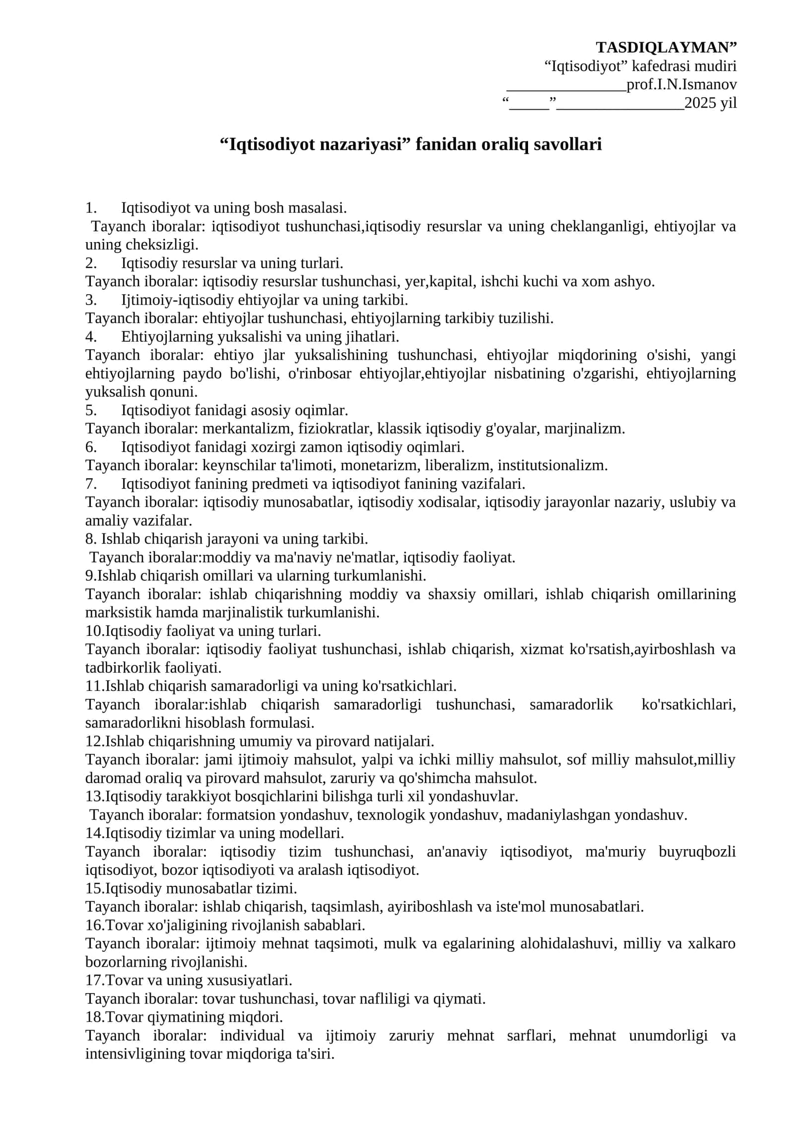 Iqtisodiyot nazariyasi fanidan oraliq savollari 1