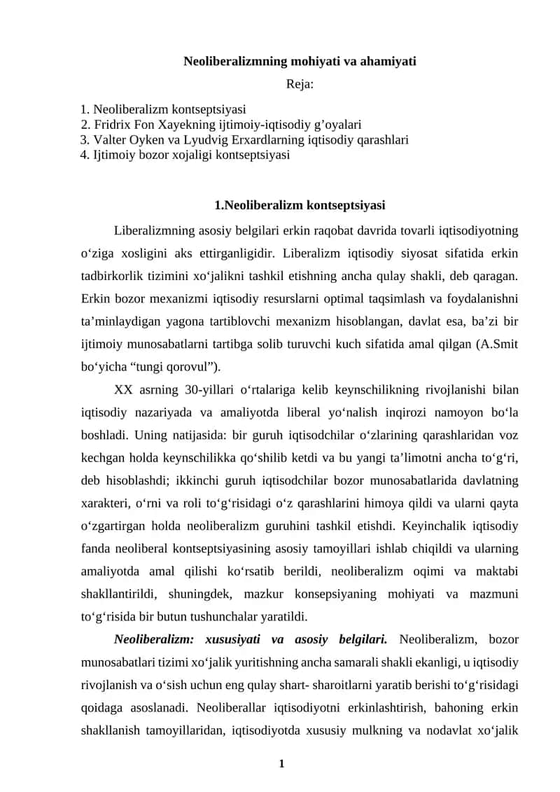 Neoliberalizmning mohiyati va ahamiyati 1