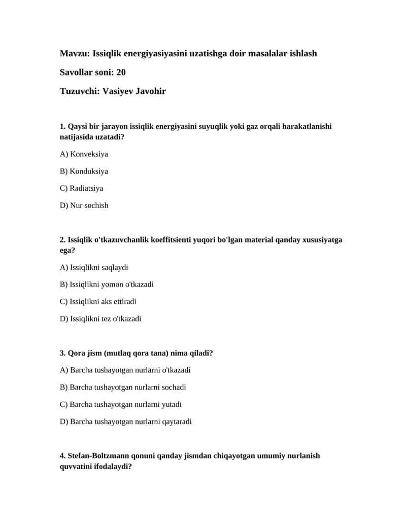 Issiqlik energiyasiyasini uzatishga doir masalalar ishlash 1