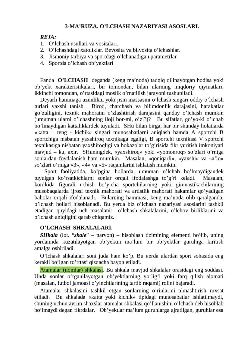 O’LCHASH NAZARIYASI ASOSLARI 1