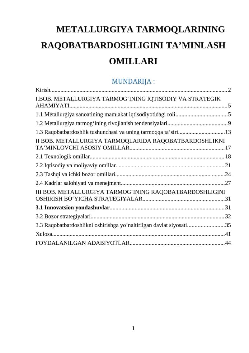 METALLURGIYA TARMOQLARINING RAQOBATBARDOSHLIGINI TA’MINLASH OMILLARI 1