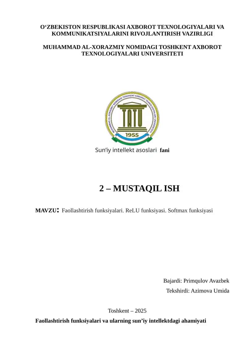 : Faollashtirish funksiyalari. ReLU funksiyasi. Softmax funksiyasi 1