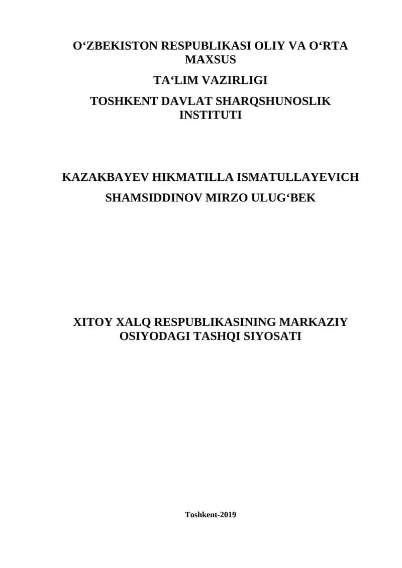 Xitoy Xalq Respublikasining Markaziy Osiyodagi Tashqi Siyosati 1