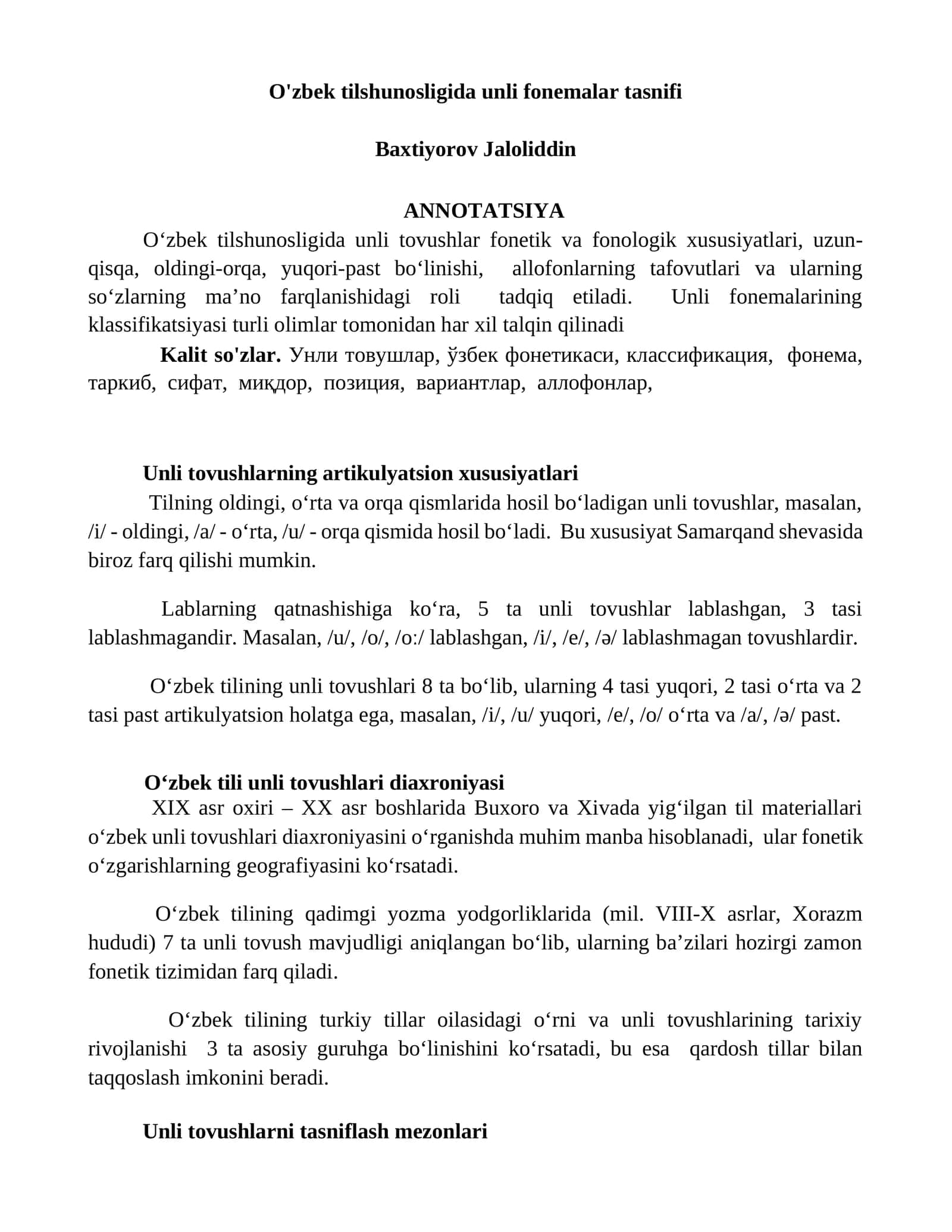 O'zbek tilshunosligida unli fonemalar tasnifi 1