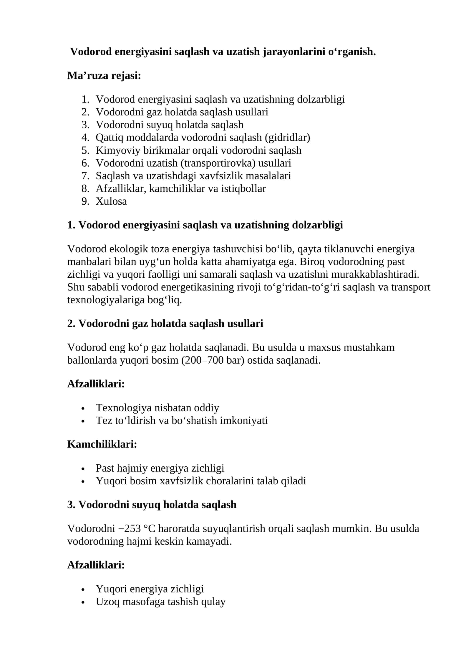 Vodorod energiyasini saqlash va uzatish jarayonlarini o‘rganish 1