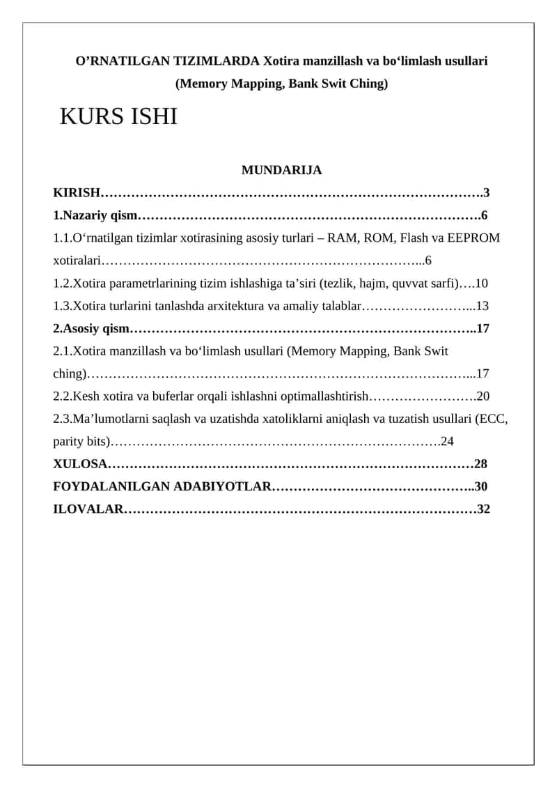 Xotira manzillash va bo‘limlash usullari (Memory Mapping, Bank Swit Ching) 1