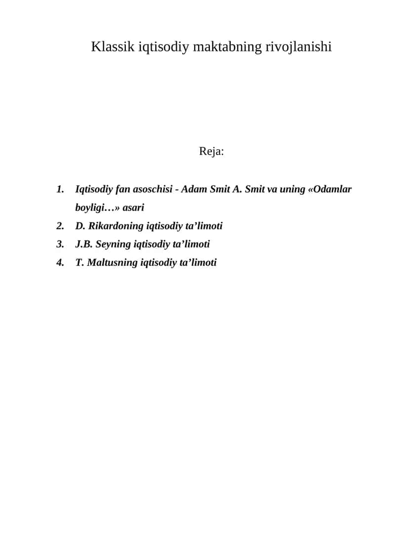 Klassik iqtisodiy maktabning rivojlanishi 1