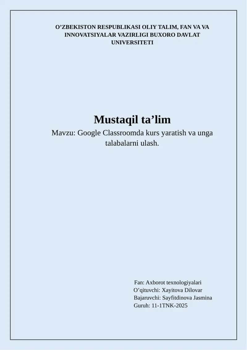 Google Classroomda kurs yaratish va unga talabalarni ulash 1