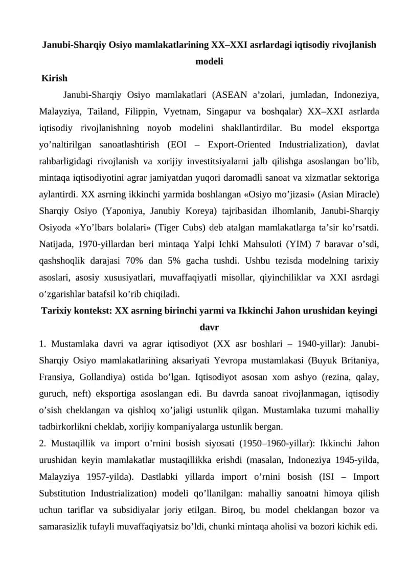 Janubi-Sharqiy Osiyo mamlakatlarining XX–XXI asrlardagi iqtisodiy rivojlanish modeli 1