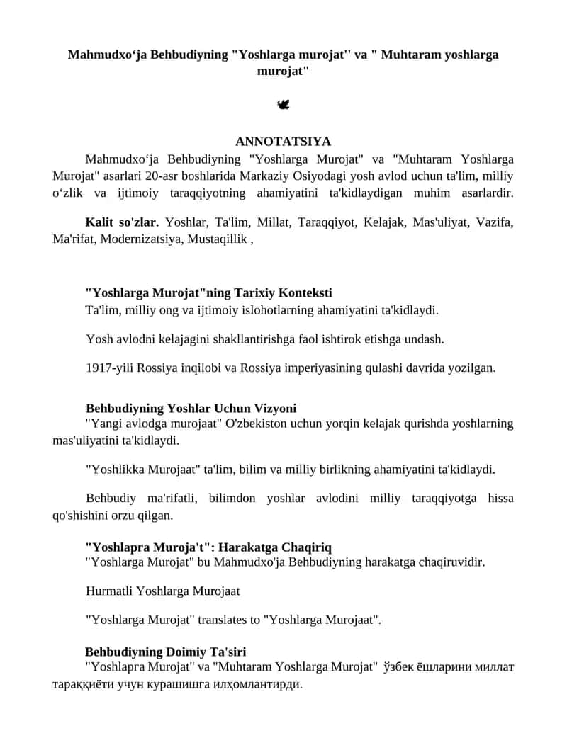Mahmudxoʻja Behbudiyning "Yoshlarga murojat'' va " Muhtaram yoshlarga murojat" 1
