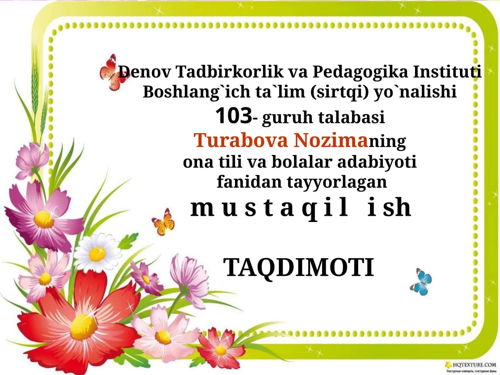 ONA TILI VA BOLALAR ADABIYOTI FANIDAN TAYYORLAGAN TAQDIMOTI 1