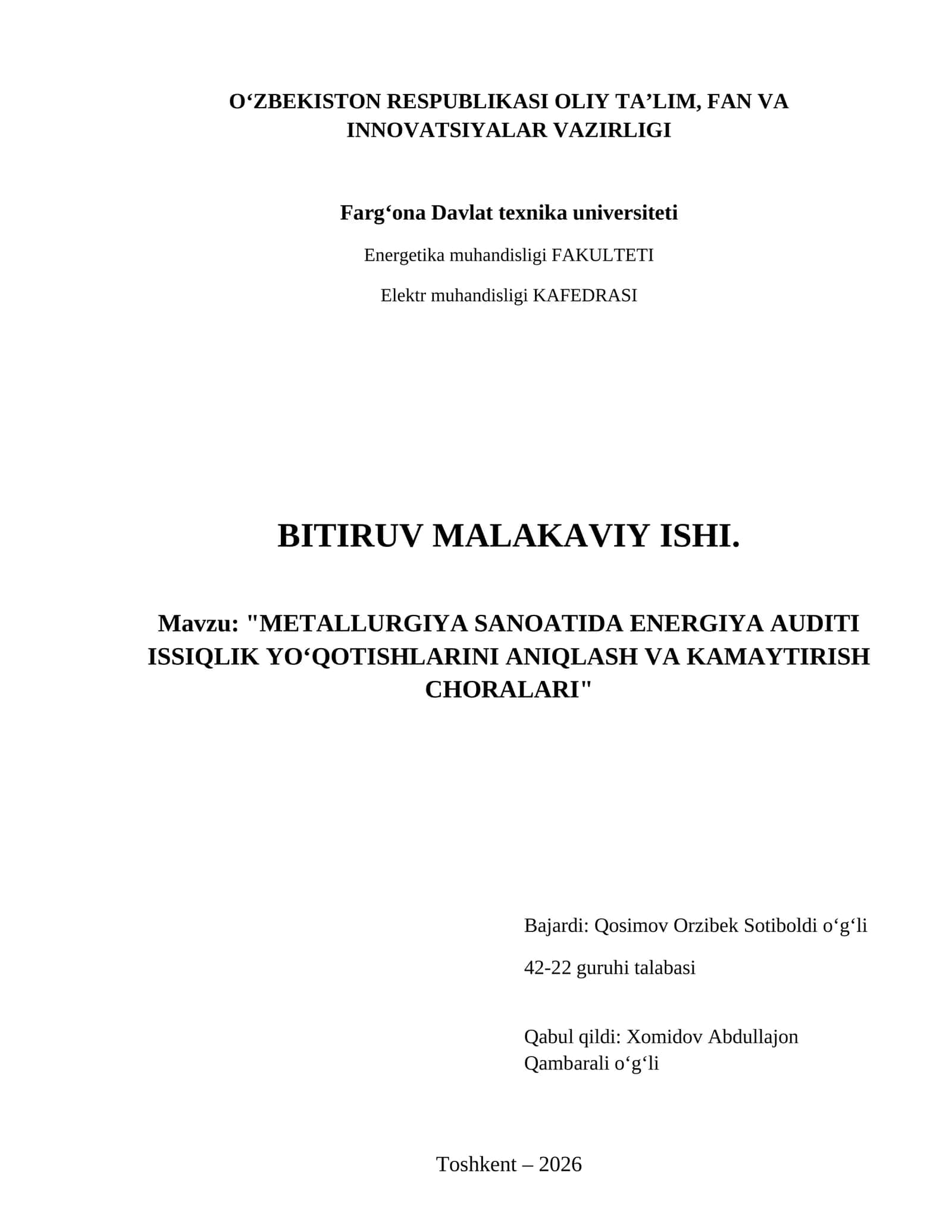 Metallurgiya sanoatida energiya auditi issiqlik yoʻqotishlarini aniqlash va kamaytirish choralari 1