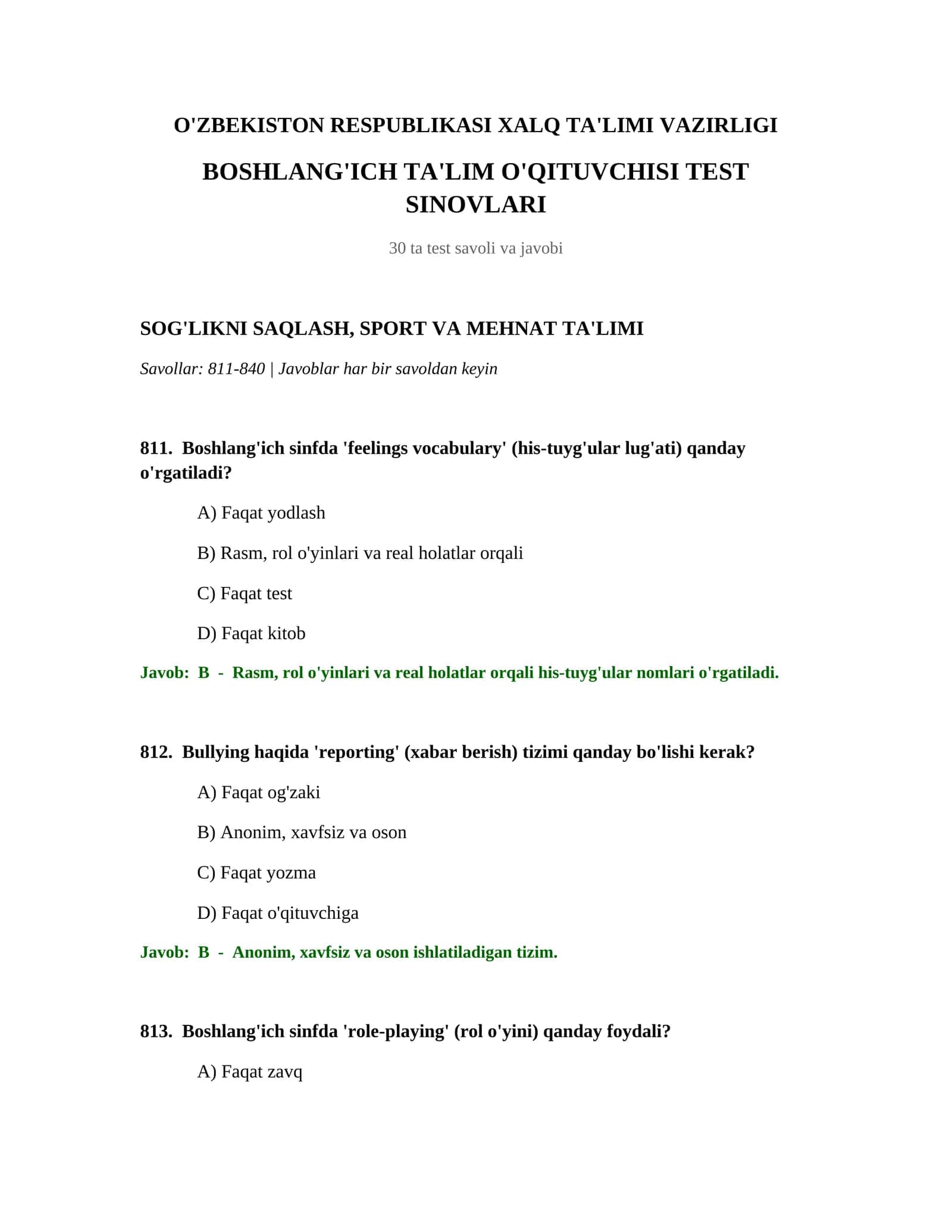 BOSHLANG'ICH TA'LIM O'QITUVCHISI TEST SINOVLARI 1
