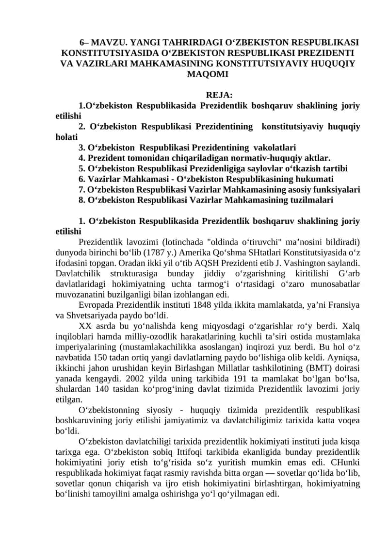 O‘zbekiston Respublikasi Konstitutsiyasida O‘zbekiston Respublikasi Prezidenti va Vazirlari Mahkamasi 1