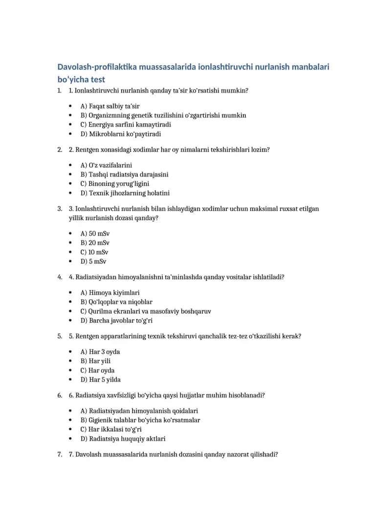 Davolash-profilaktika muassasalarida ionlashtiruvchi nurlanish manbalari bo‘yicha test 1