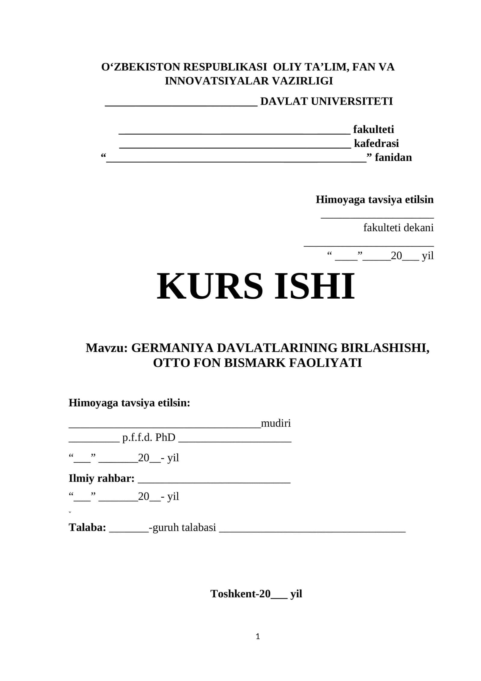 GERMANIYA DAVLATLARINING BIRLASHISHI, OTTO FON BISMARK FAOLIYATI 1