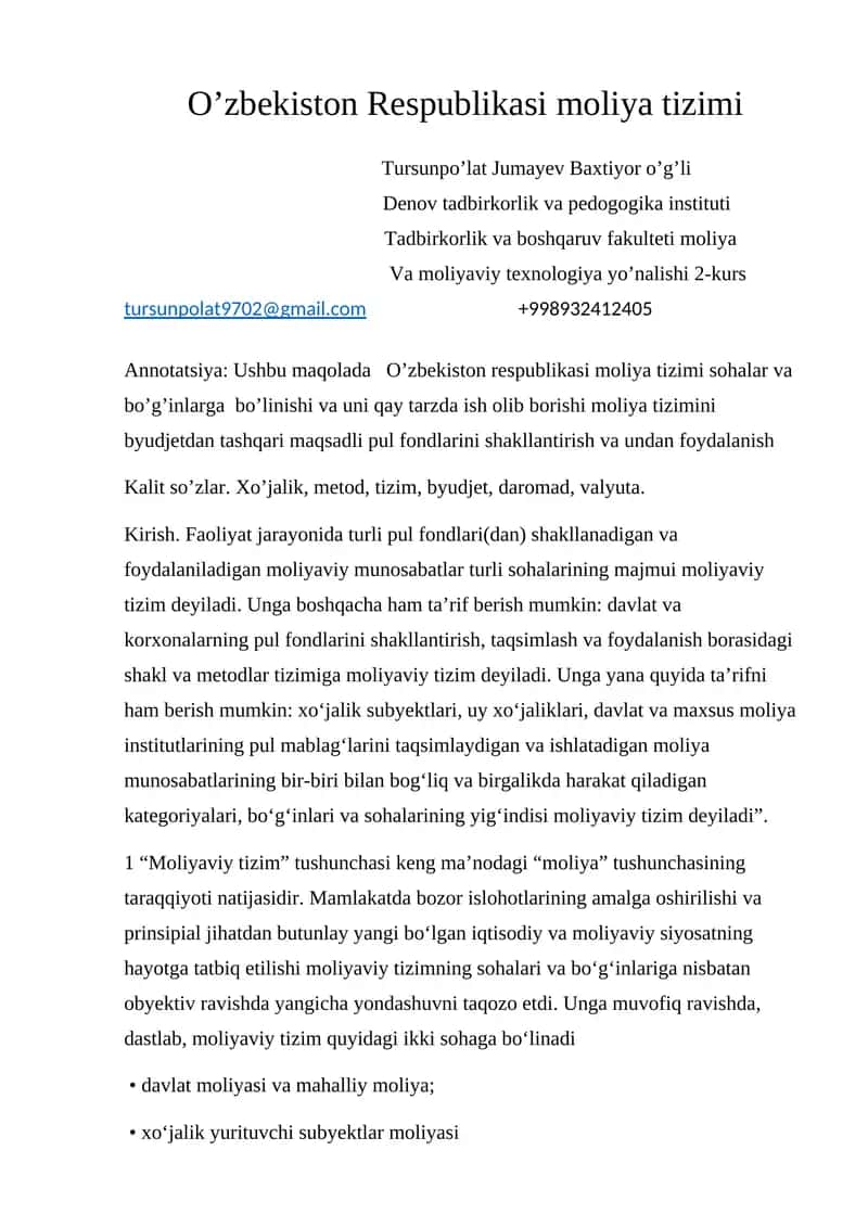 O’zbekiston Respublikasi moliya tizimi 1