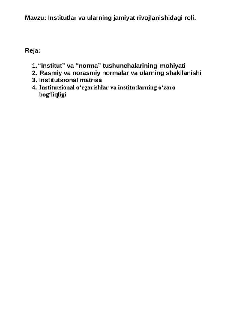 Institutlar va ularning jamiyat rivojlanishidagi roli. 1