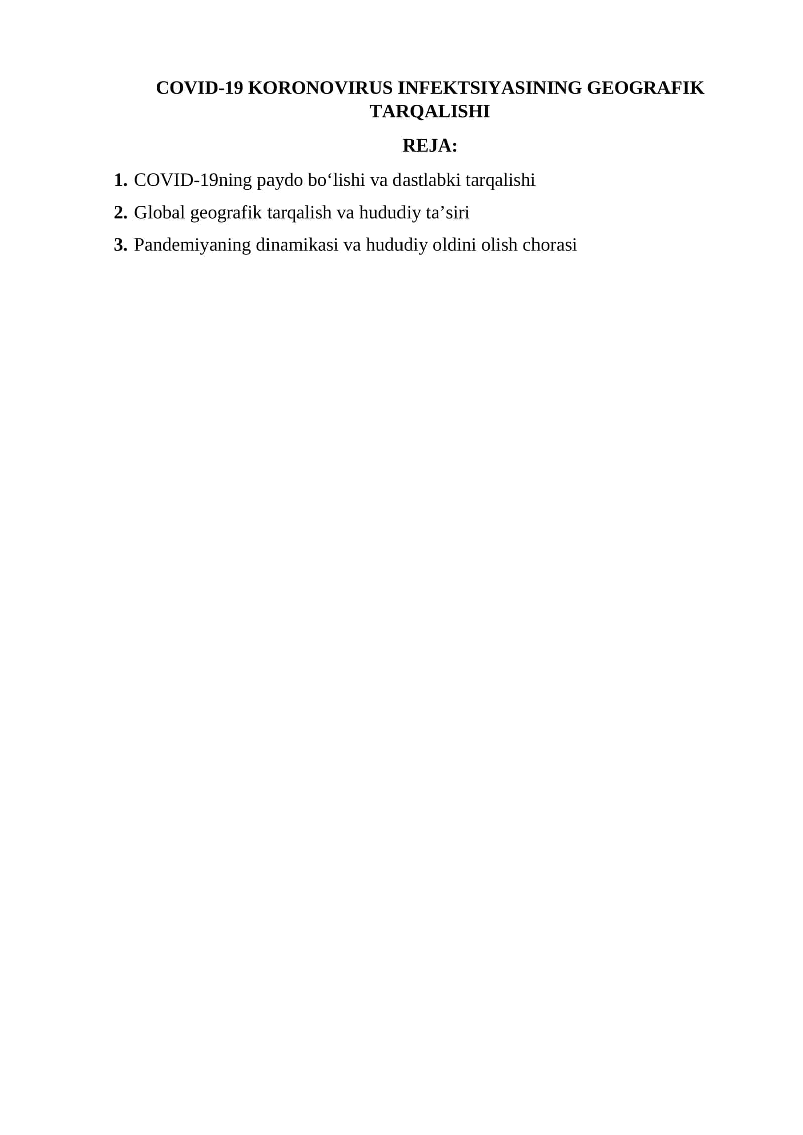 COVID-19 KORONOVIRUS INFEKTSIYASINING GEOGRAFIK TARQALISHI 1