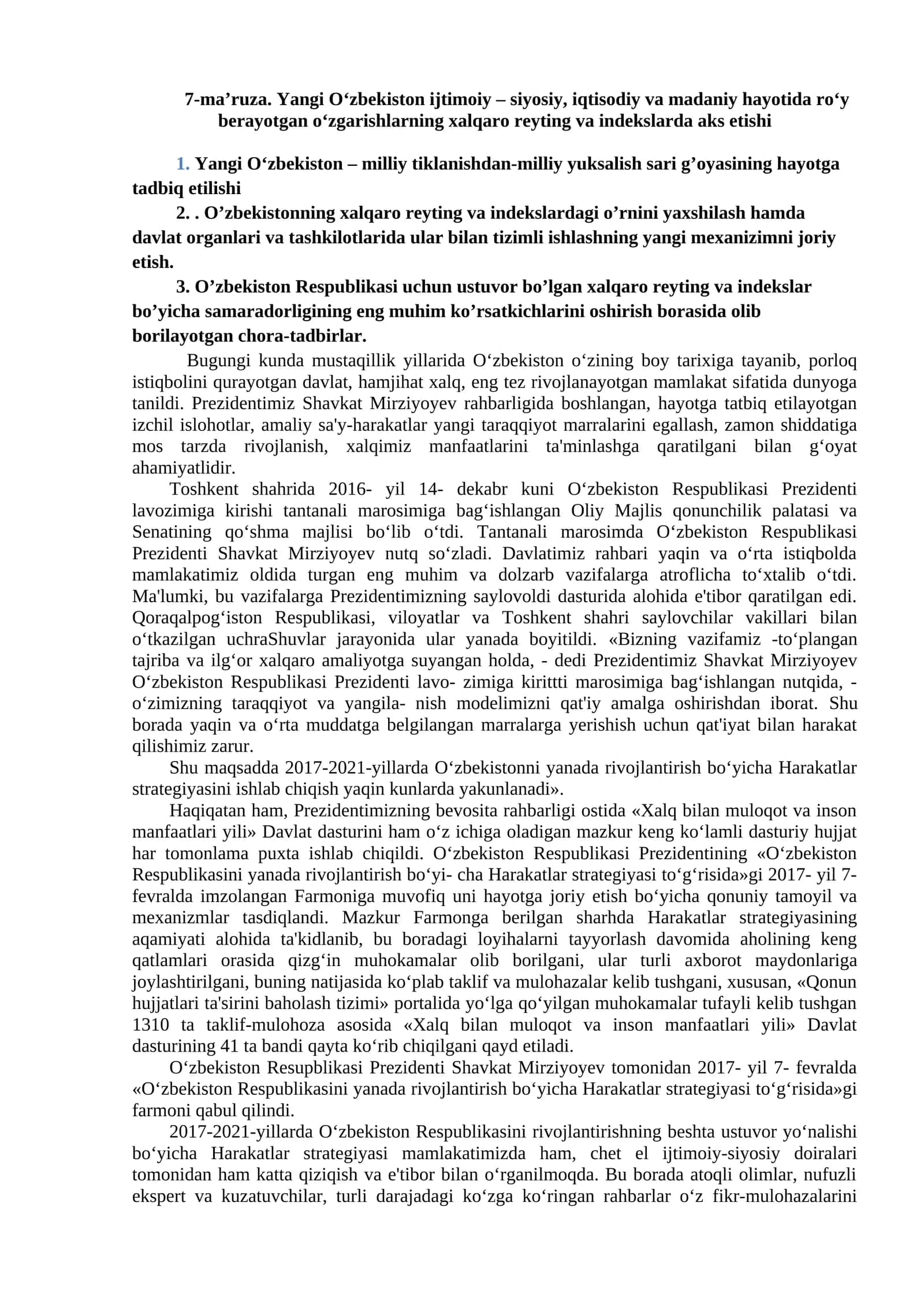Yangi O‘zbekiston - milliy tiklanishdan-milliy yuksalish sari g’oyasining hayotga tadbiq etilishi 1