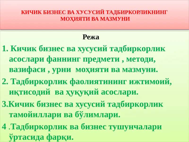 Кичик бизнес ва ҳусусий тадбиркорлик 1