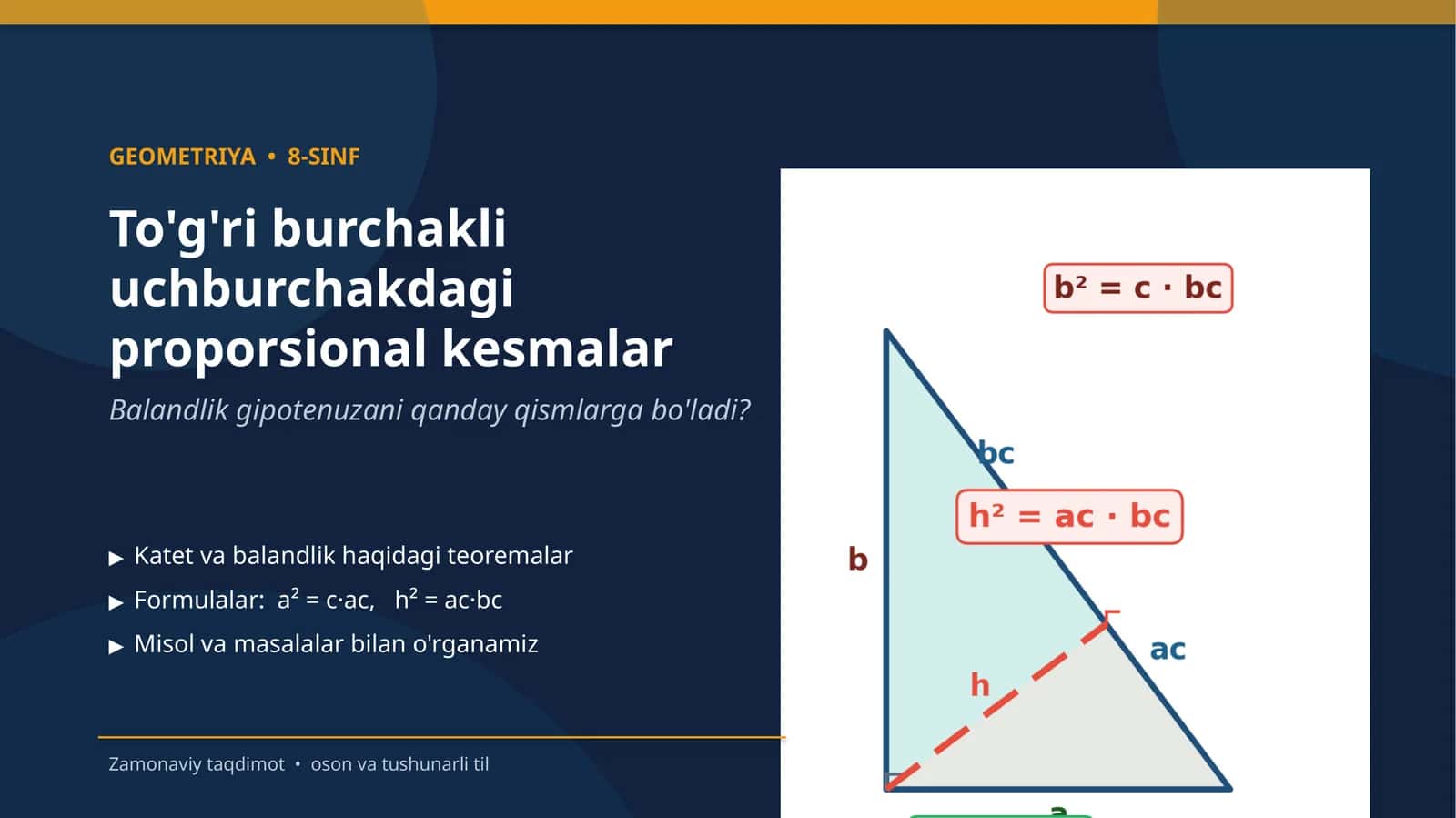 To'g'ri burchakli uchburchakdagi proporsional kesmalar 1