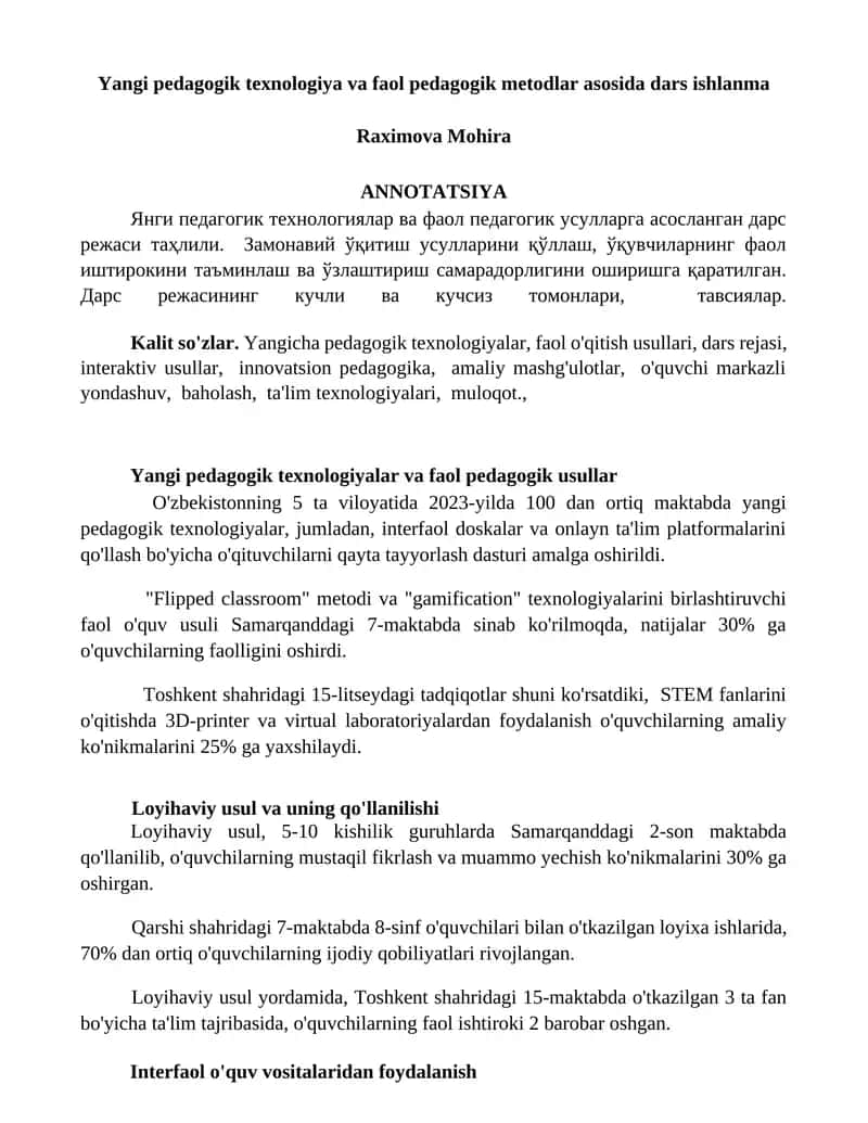 Yangi pedagogik texnologiya va faol pedagogik metodlar asosida dars ishlanma 1