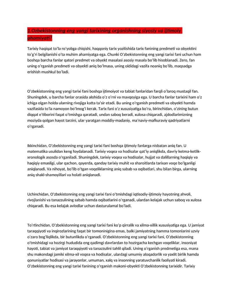 O‘zbekistonning eng yangi tarixining organishning siyosiy va ijtimoiy ahamiyati 1
