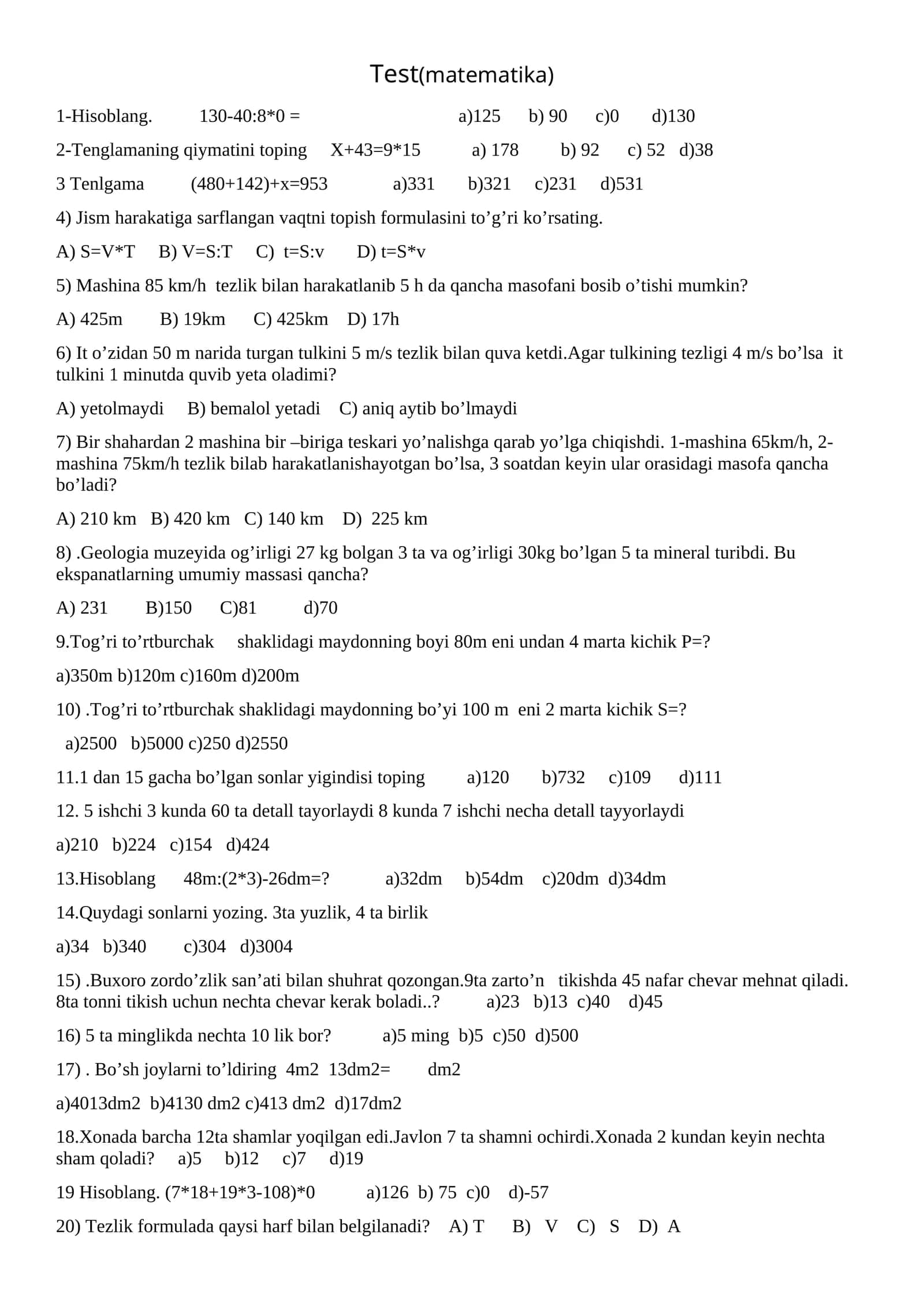 Matematika test 1