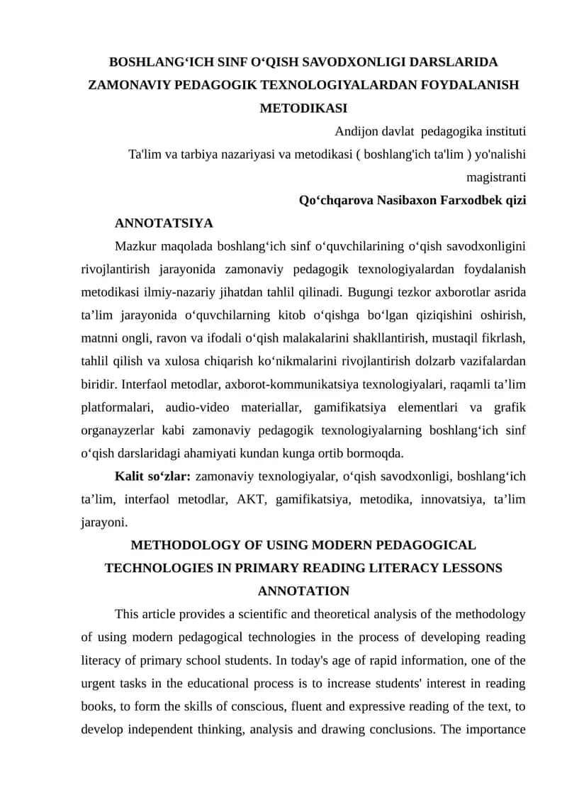 BOSHLANG‘ICH SINF O‘QISH SAVODXONLIGI DARSLARIDA ZAMONAVIY PEDAGOGIK TEXNOLOGIYALARDAN FOYDALANISH METODIKASI 1
