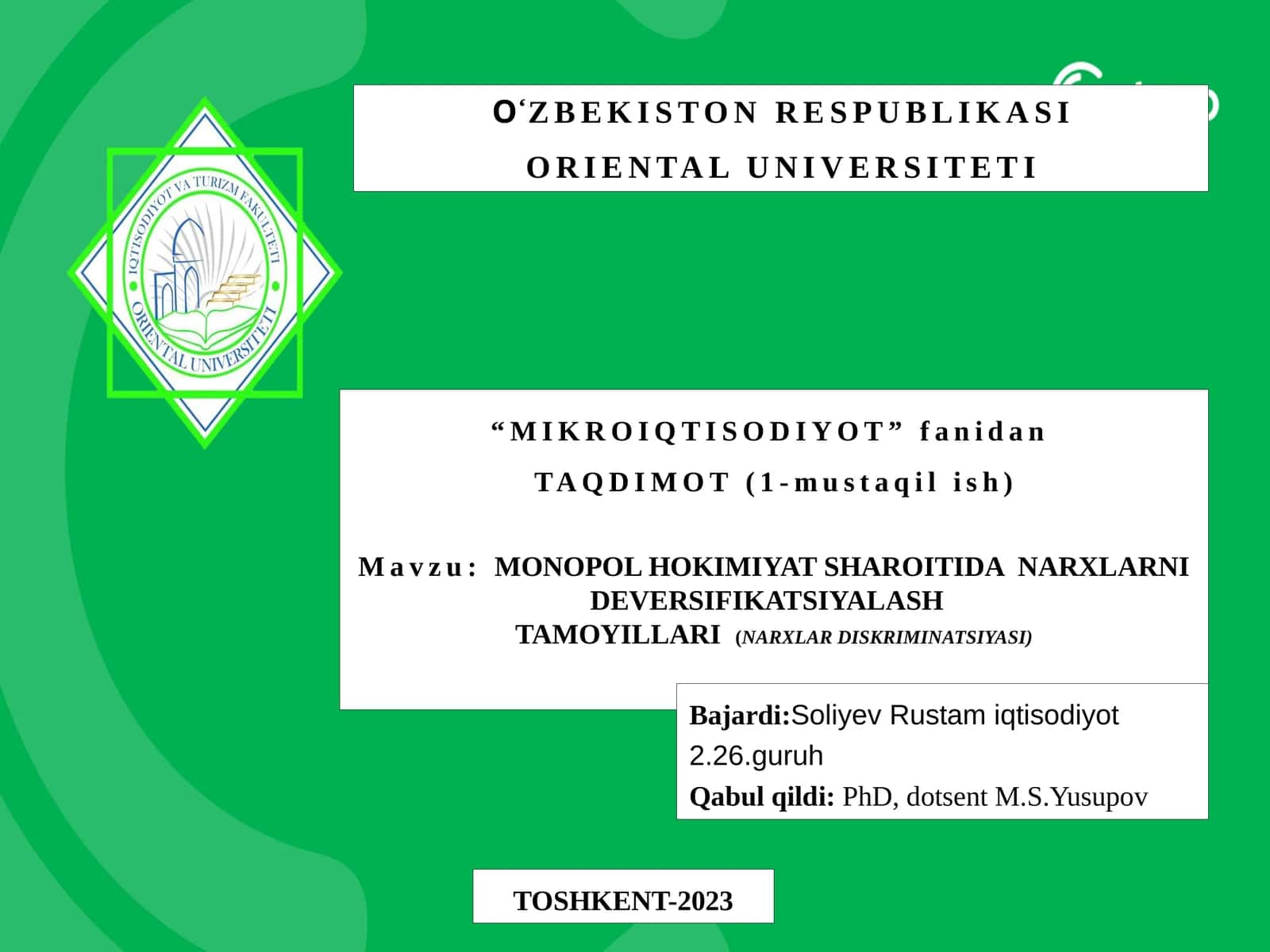 MONOPOL HOKIMIYAT SHAROITIDA NARXLARNI DEVERSIFIKATSIYALASH TAMOYILLARI(NARXLAR DISKRIMINATSIYASI) 1