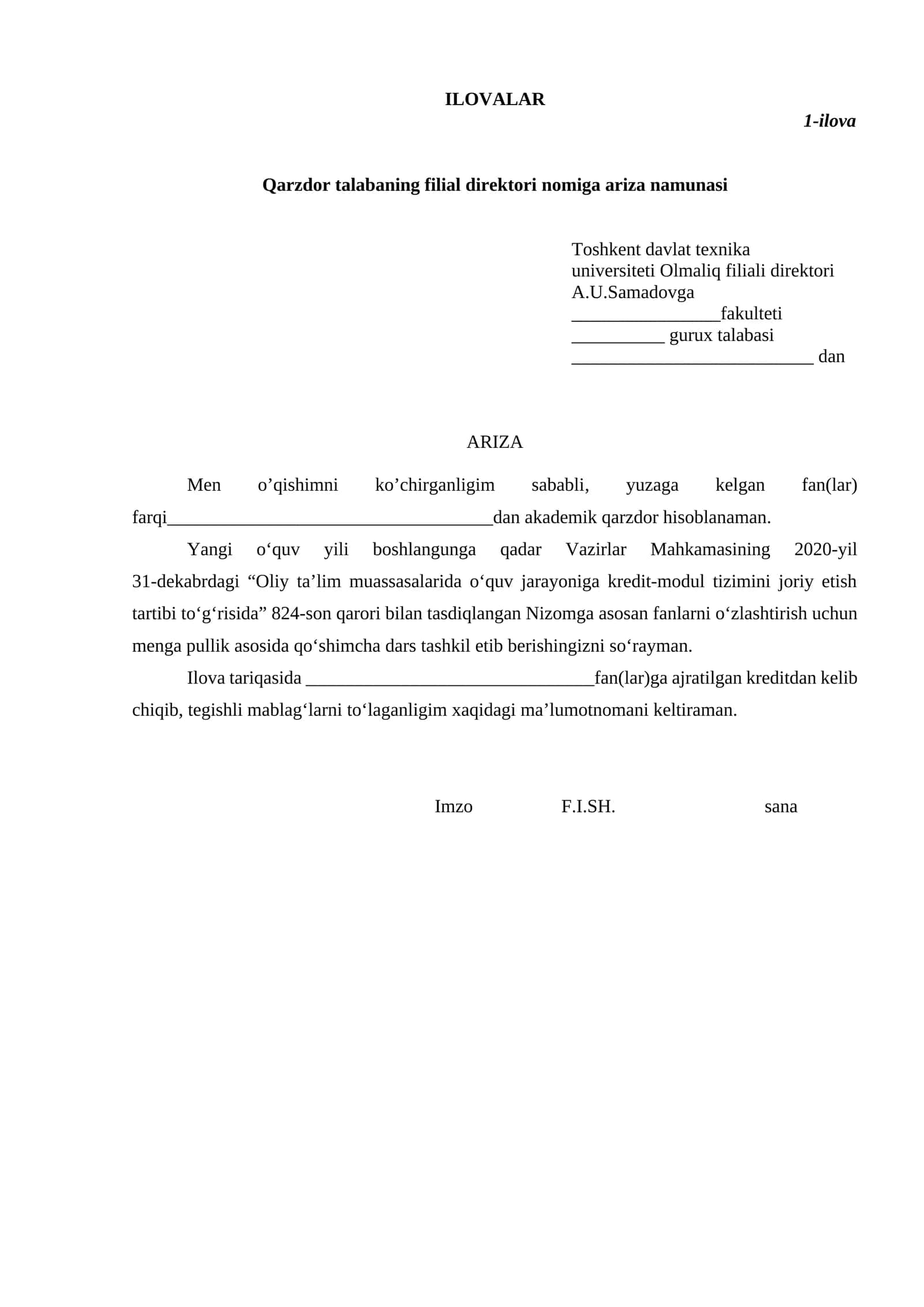 Qarzdor talabaning filial direktori nomiga ariza namunasi 1