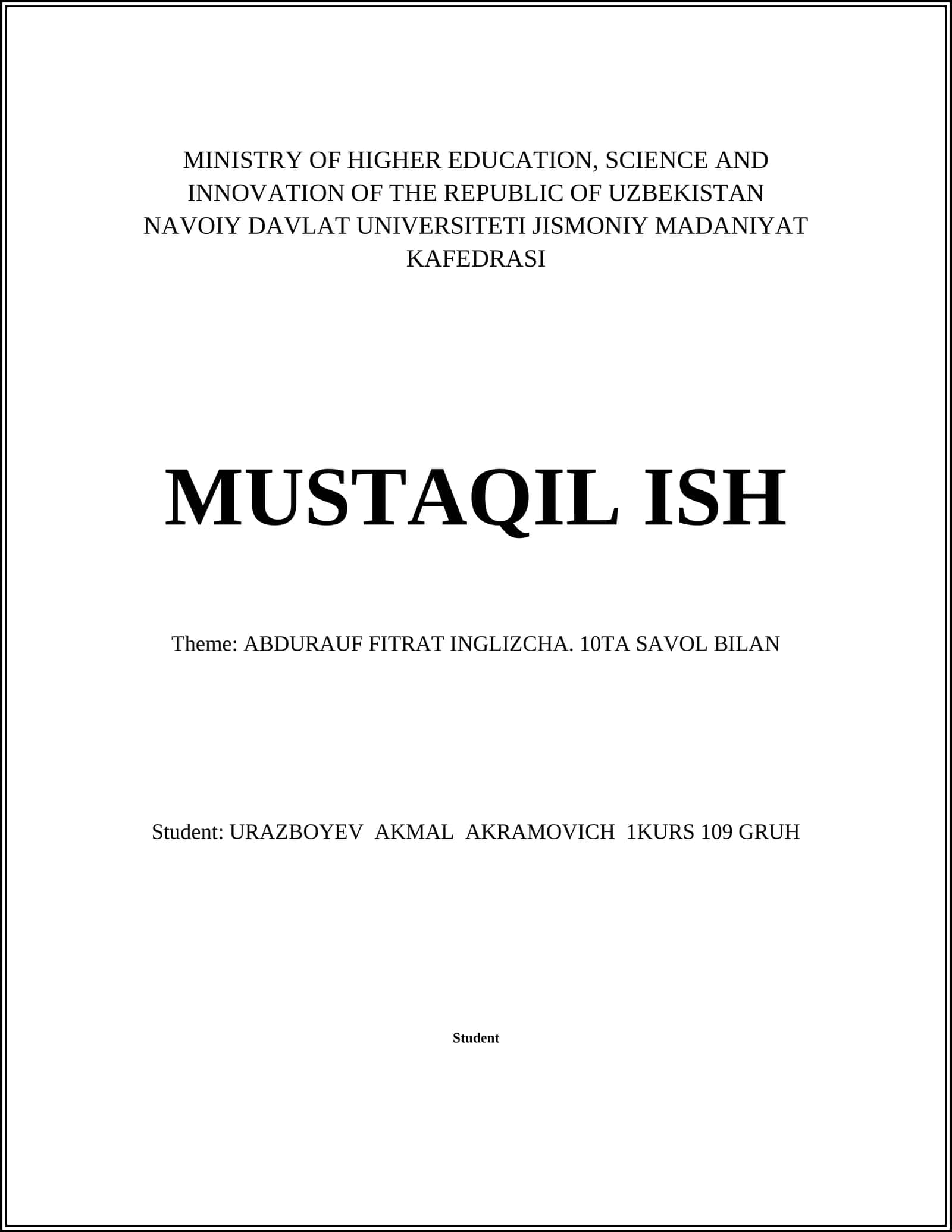 ABDURAUF FITRAT INGLIZCHA. 10TA SAVOL BILAN 1