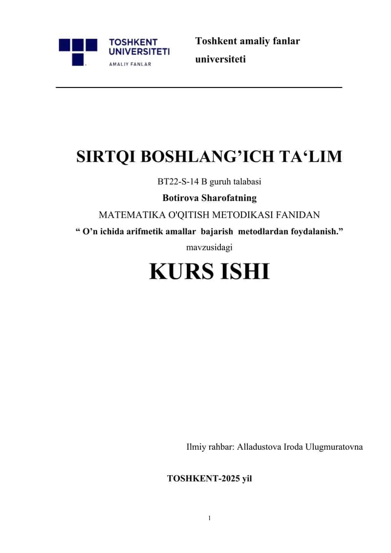 O’n ichida arifmetik amallar bajarish metodlardan foydalanish 1