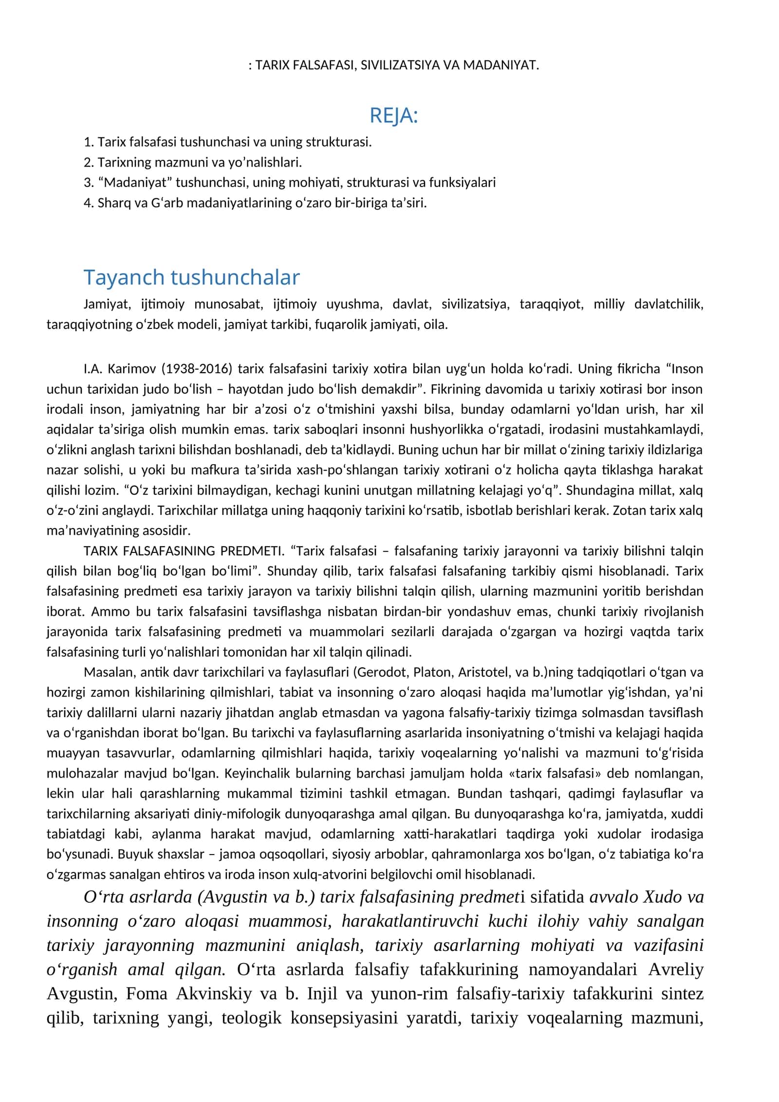 TARIX FALSAFASI, SIVILIZATSIYA VA MADANIYAT 1