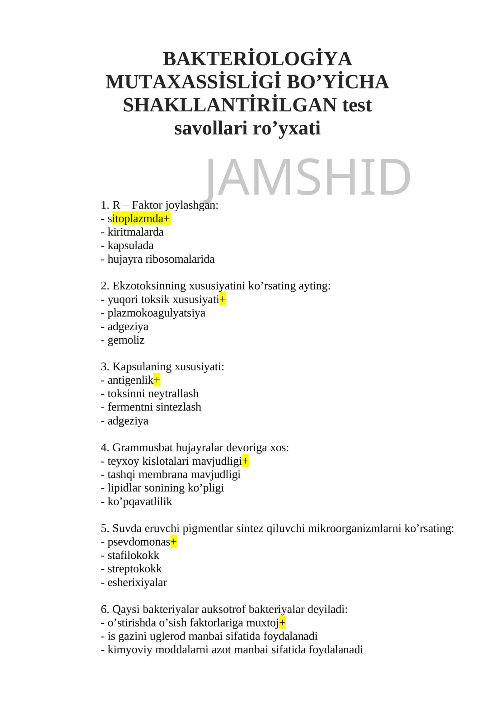 BAKTERİOLOGİYA MUTAXASSİSLİGİ BO’YİCHA SHAKLLANTİRİLGAN test savollari ro’yxati 1
