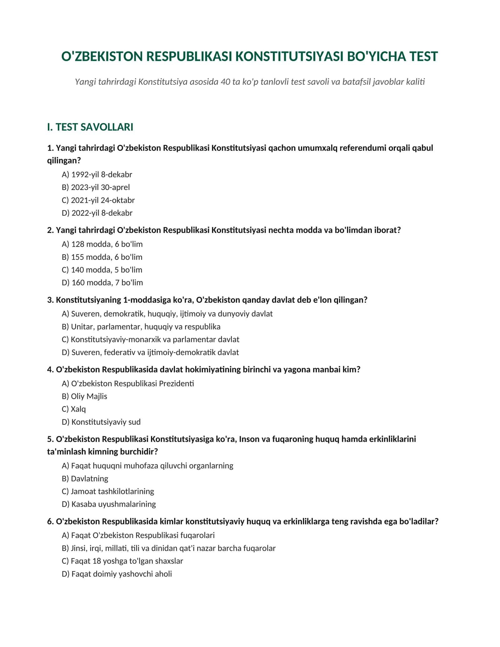 Yangi tahrirdagi Konstitutsiya asosida 40 ta ko'p tanlovli test savoli va batafsil javoblar kaliti 1