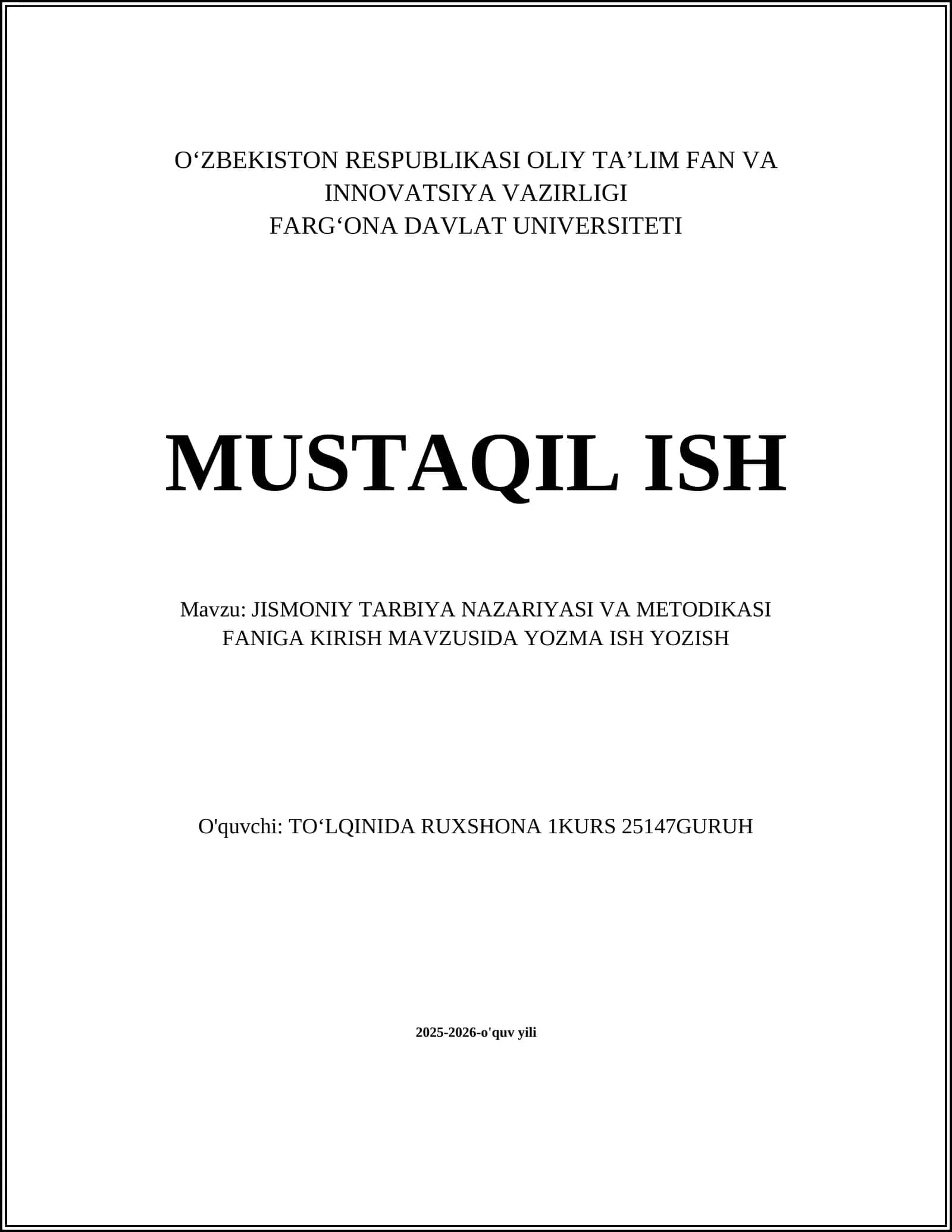 Jismoniy tarbiya nazariyasi va metodikasi faniga kirish 1