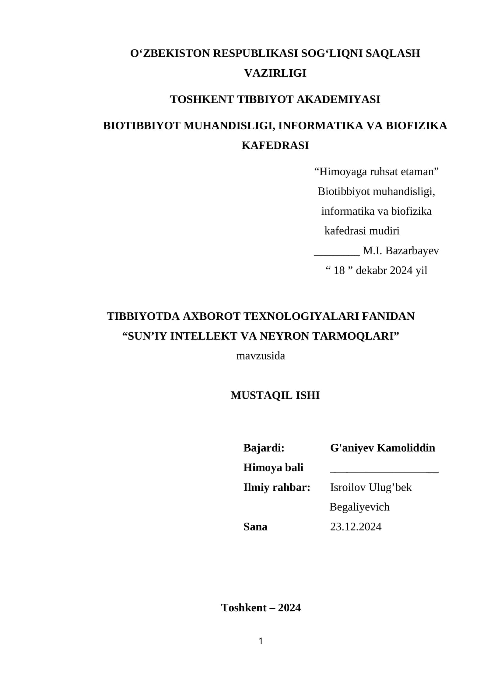 SUN’IY INTELLEKT VA NEYRON TARMOQLARI 1