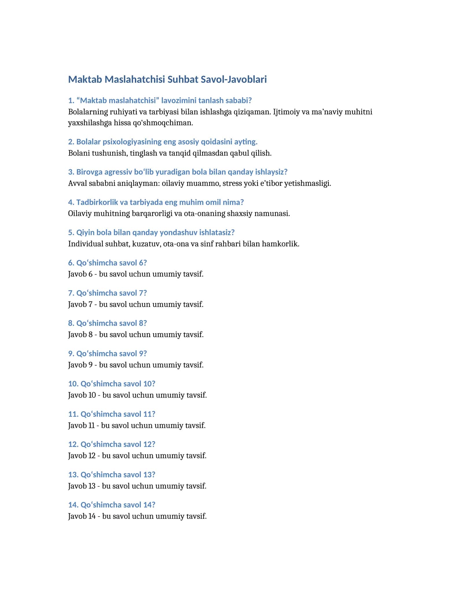 Maktab Maslahatchisi Suhbat Savol-Javoblari 1