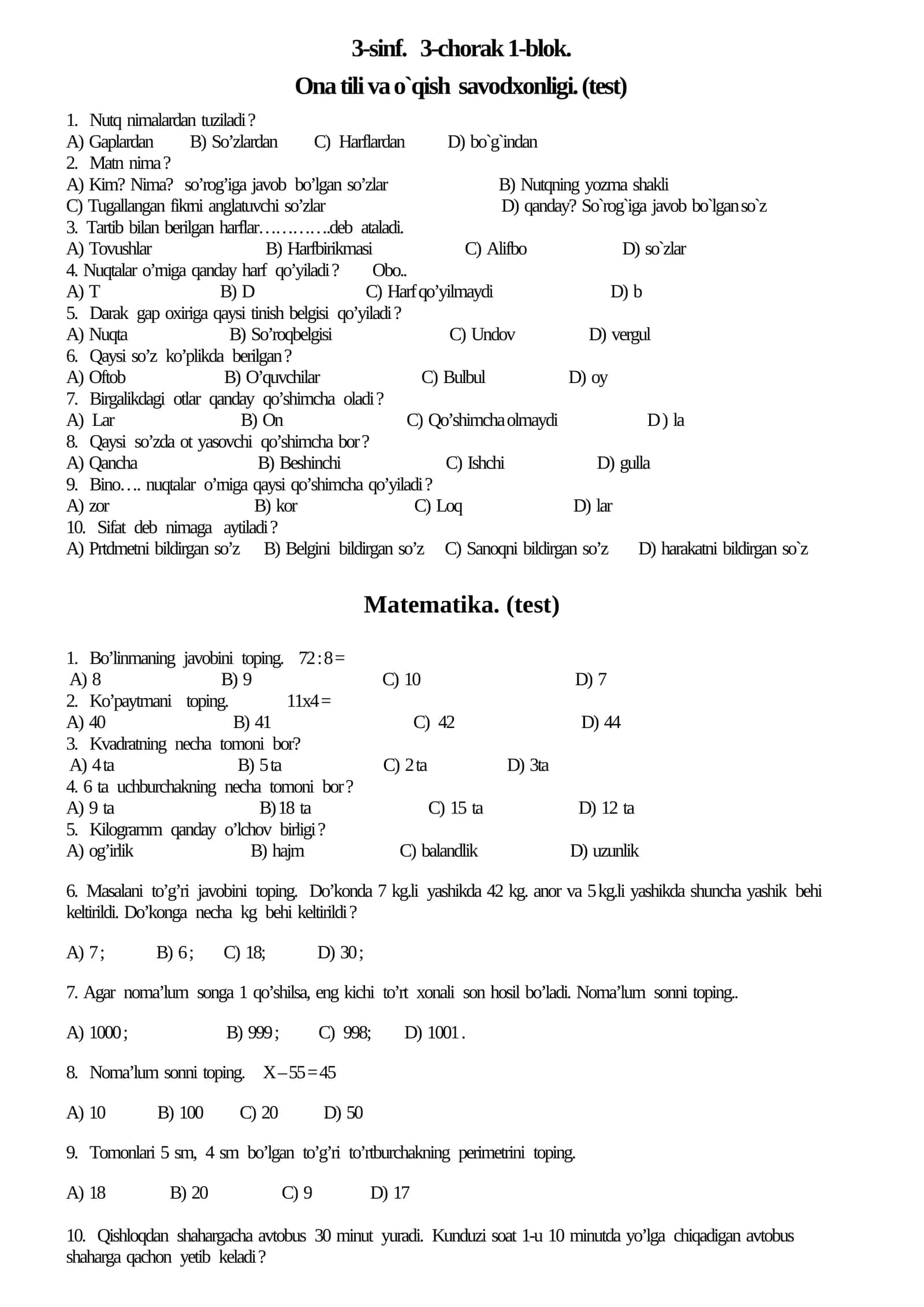 Ona tili va o`qish savodxonligi. (test) 1