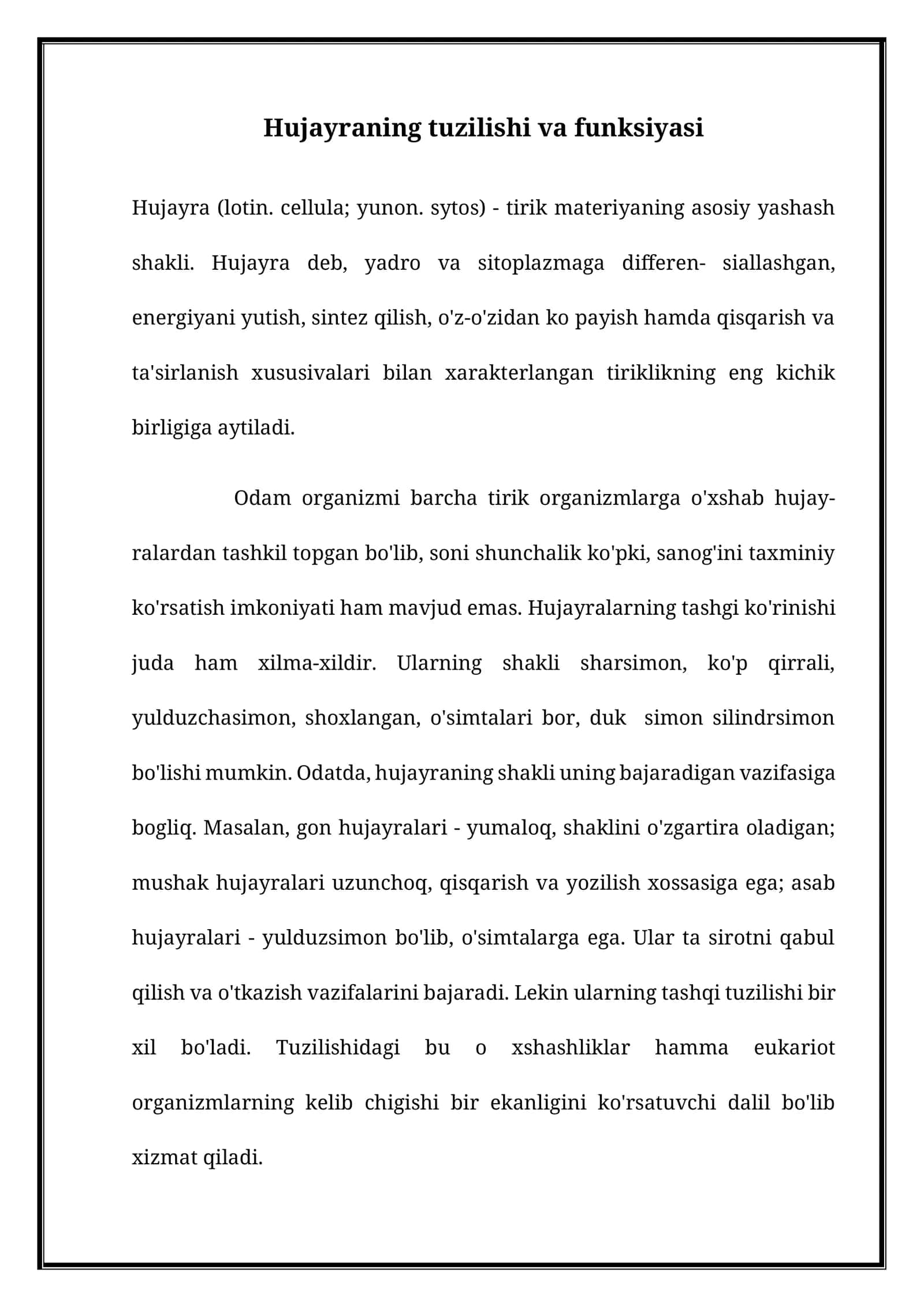 Hujayraning tuzilishi va funksiyasi 1