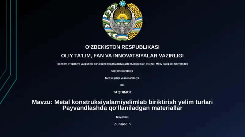 Metal konstruksiyalarniyelimlab biriktirish yelim turlari Payvandlashda qo‘llaniladgan materiallar 1