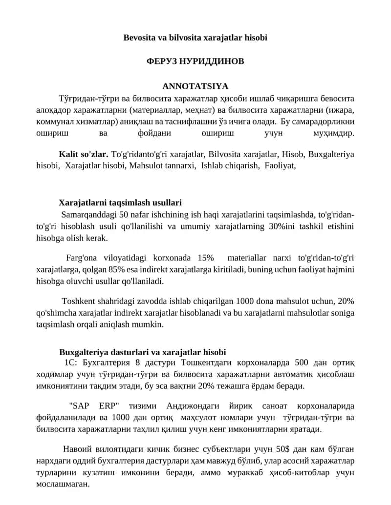 Bevosita va bilvosita xarajatlar hisobi 1