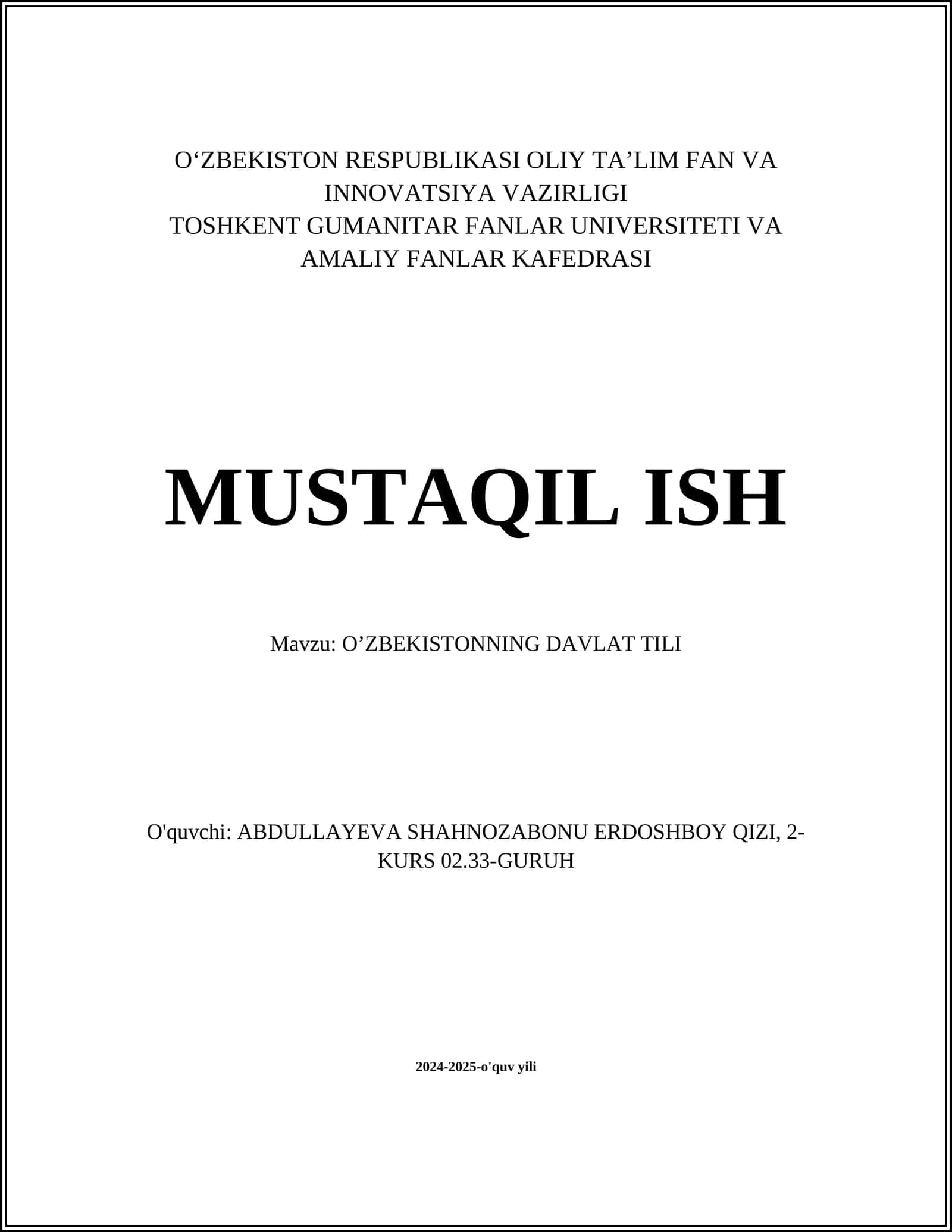 O’ZBEKISTONNING DAVLAT TILI 1