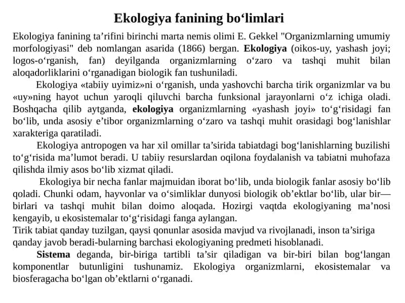 Ekologiya fanining bo‘limlari 1